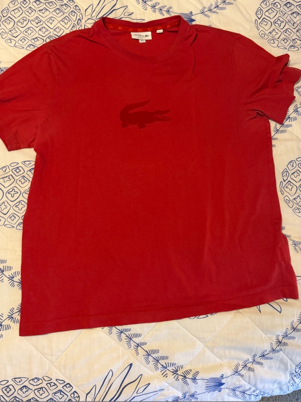 Lacoste Red Short-Sleeve Tee with Tonal Crocodile Logo